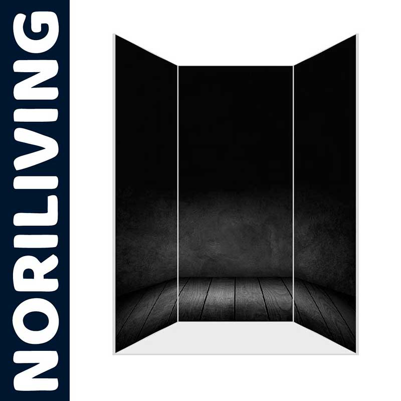 Dreiteiliger schwarzer Raumtrenner mit dunkler Holzoptik von Noriliving