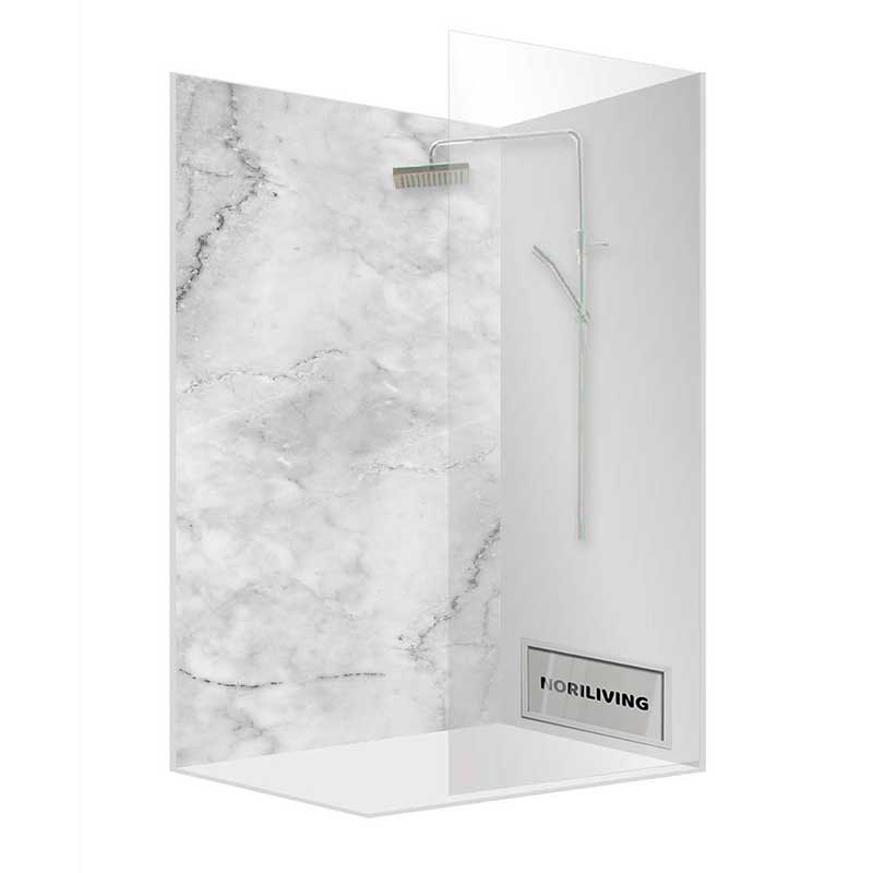 Duschkabine mit Marmoroptik und schlankem Duschkopf