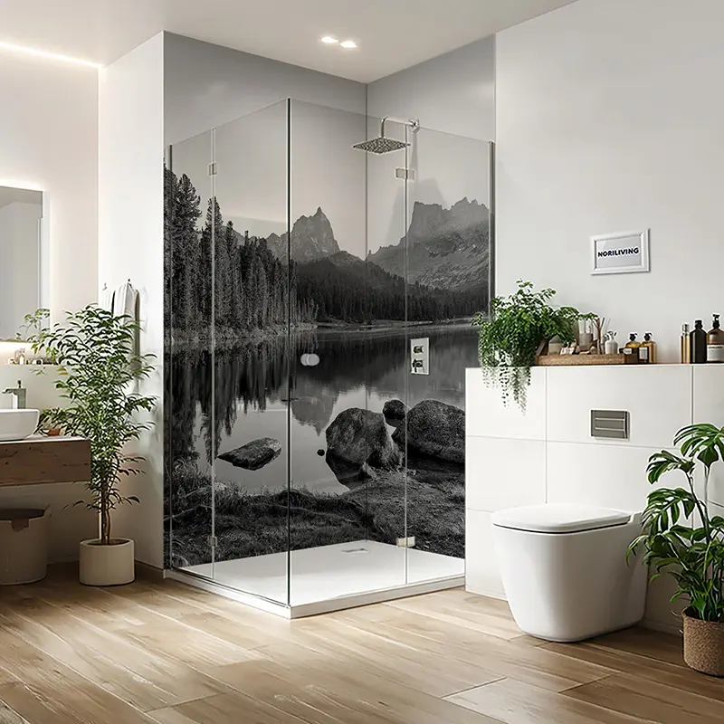 Duschrückwand Aluverbund Bergsee mit Wald 453 schwarz-weiß