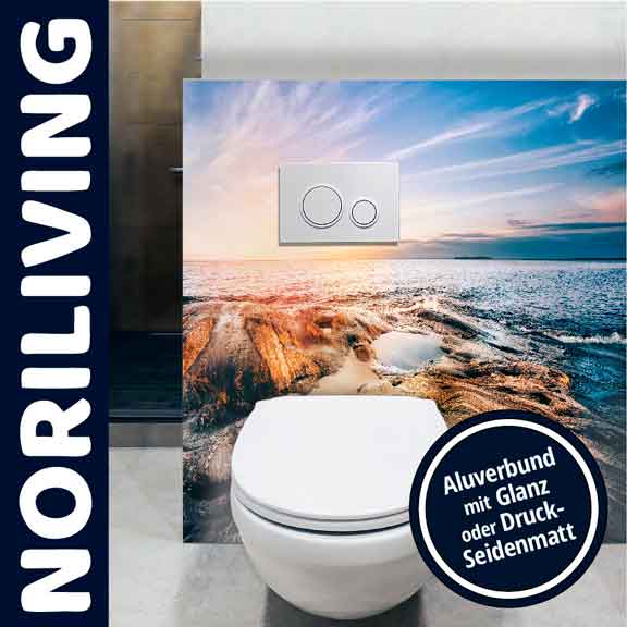 Moderne WC-Anlage mit Landschaftsmotiv von NORILIVING Elegantes WC-Design mit Aluverbundplatte und Landschaftshintergrund von NORILIVING