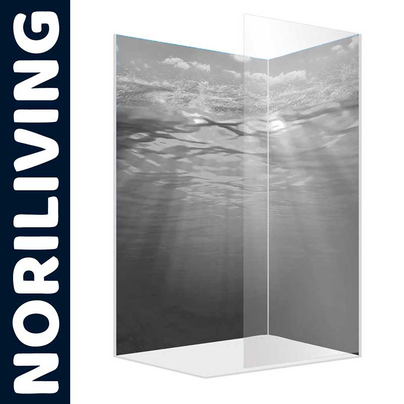 Bild einer Duschabtrennung von NoriLiving mit Unterwassermotiv in Grau.