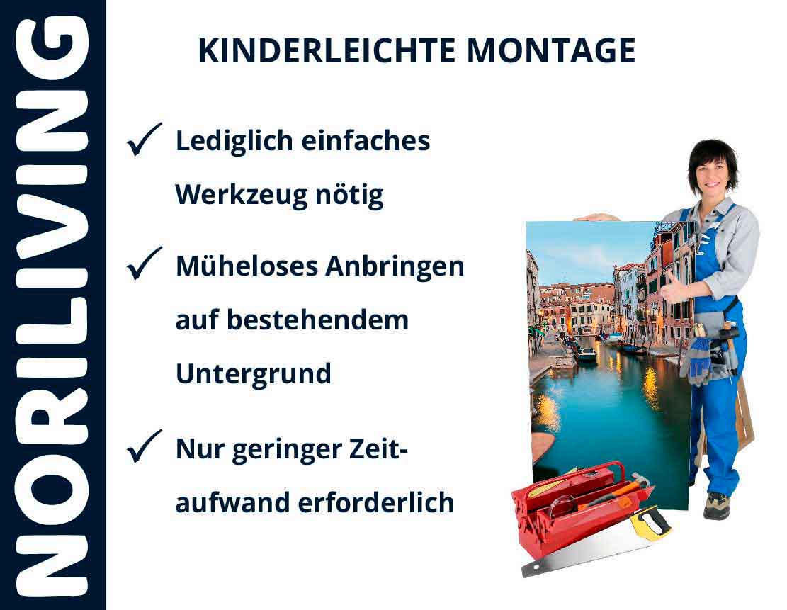 Plakat von NoriLiving mit einer Frau, die ein Bild hält, und einer Liste von Vorteilen wie einfache Montage mit minimalem Werkzeugaufwand