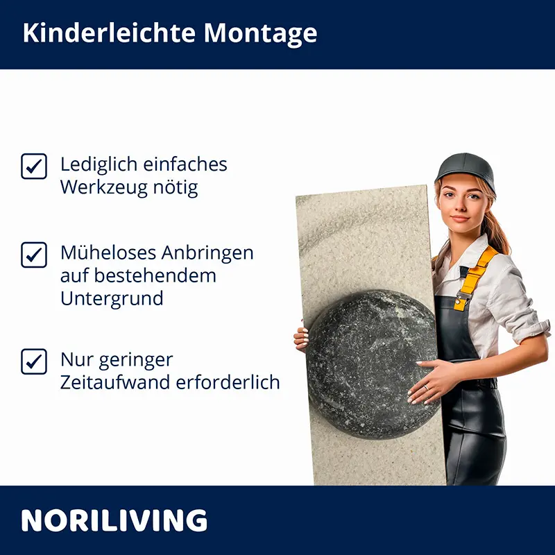 Frau hält Fliesenplatte, Hinweise zu einfacher Montage