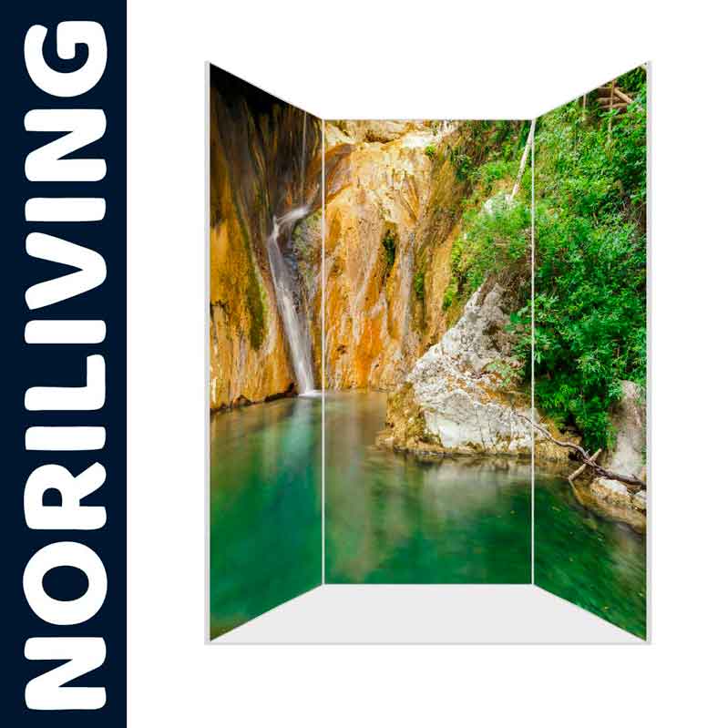 Dreiteiliger Raumteiler mit natürlichem Wasserfall-Design und üppiger Vegetation