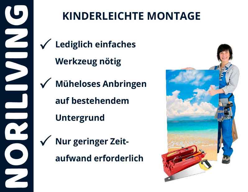 Kinderleichte Montage mit einfachen Werkzeugen von Noriliving Frau präsentiert einfache Montageanleitung für Noriliving-Produkte mit minimalem Werkzeugaufwand. Mühseloses Anbringen und geringe Zeit nötig.