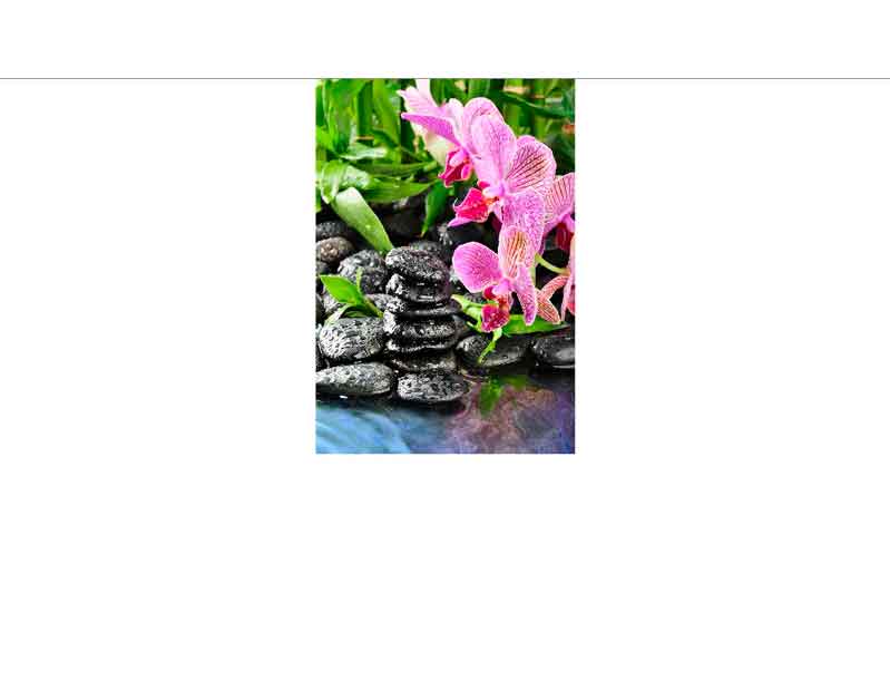 Entspannung im Zen-Garten mit rosa Orchidee und gestapelten Spa-Steinen