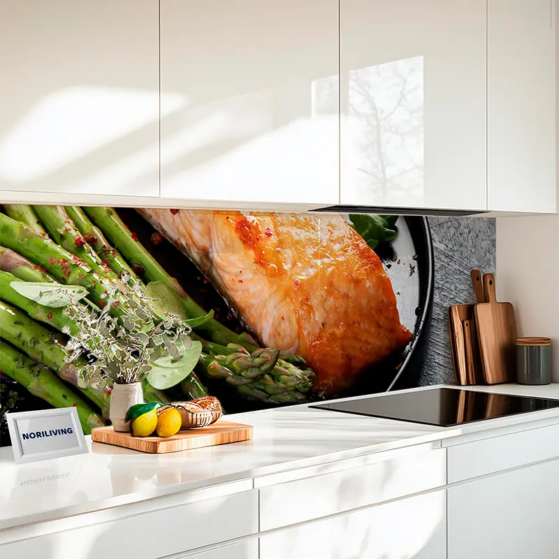 Küchenrückwand Alu Gebackener Lachs mit Spargel 444