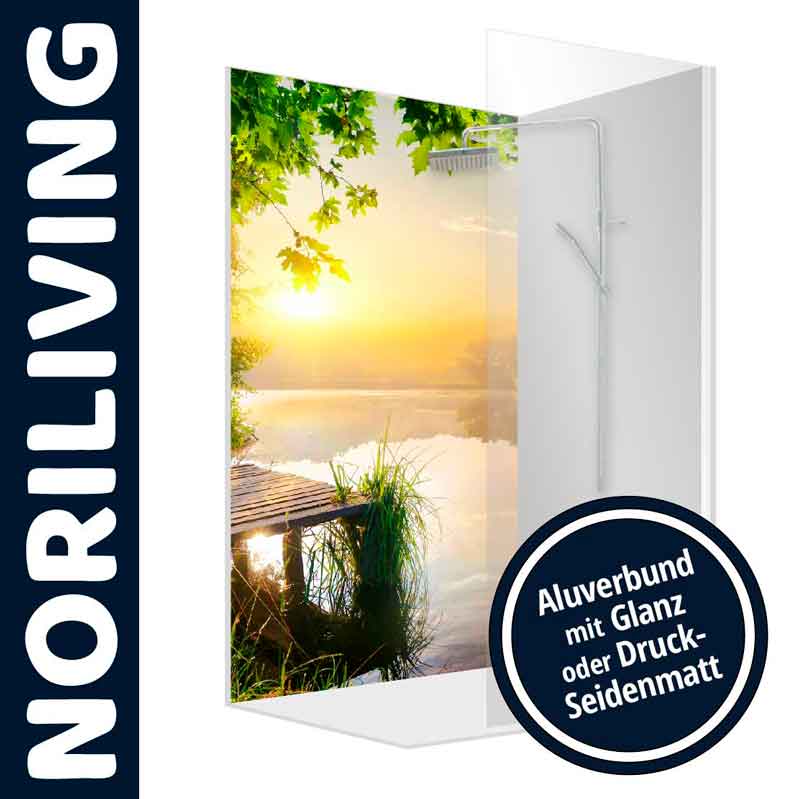 Duschwandbild mit Sonnenaufgangsmotiv, Aluverbund in Glanz oder Druck-Seidenmatt Duschwand mit Naturmotiv eines Sonnenaufgangs über einem See, erhältlich in Glanz oder Seidenmatt