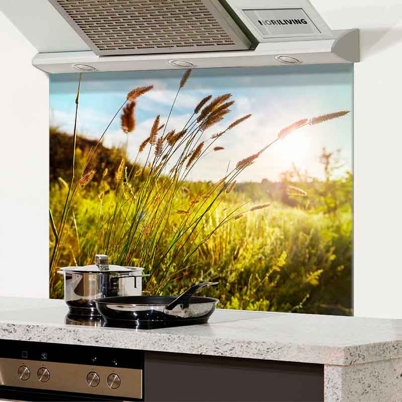 Moderne Küche mit Edelstahlgeräten und einer Rückwand, die ein Feld im Sonnenuntergang zeigt