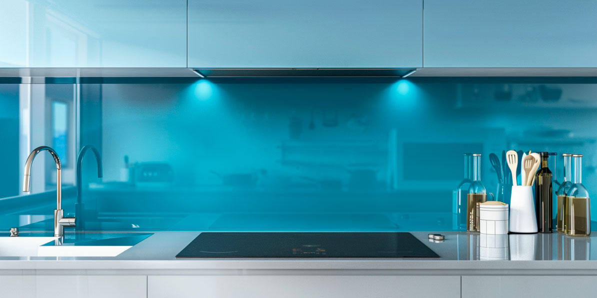 Moderne Küche mit Chromspüle, Kochfeld und Küchenutensilien vor einer blauen Glasrückwand