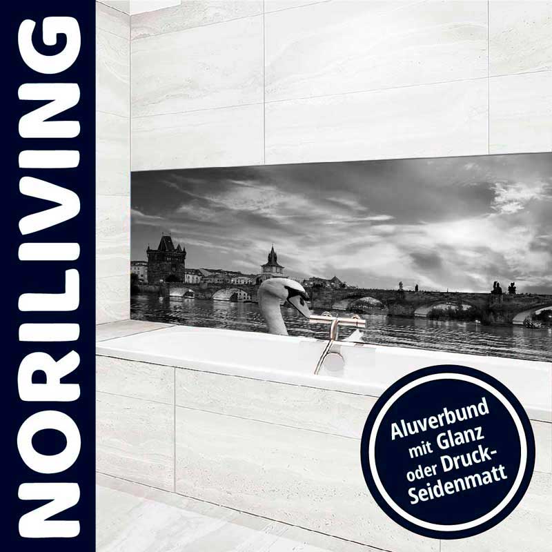Moderne Badezimmerdekoration: Aluverbundbild mit Glanz oder Druck-Seidenmatt von Noriliving, zeigt Schwan vor Brücke in Schwarz-Weiß
