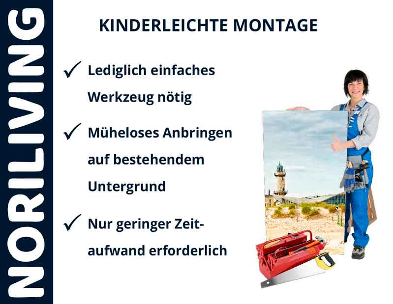 NORILIVING Werbebild zeigt kinderleichte Montage mit Checklistenpunkten: einfaches Werkzeug, müheloses Anbringen, geringer Zeitaufwand. Person mit Werkzeug und Bild im Hintergrund.