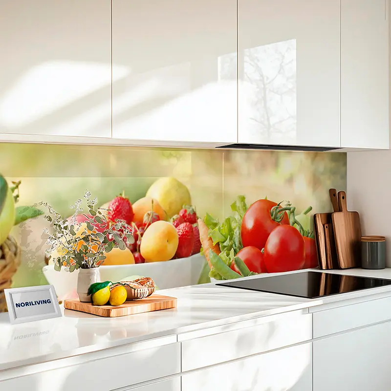 Küchenrückwand Echtglasoptik Profiline Bunte Bio-Gemüse- und Obstauswahl im Korb 109