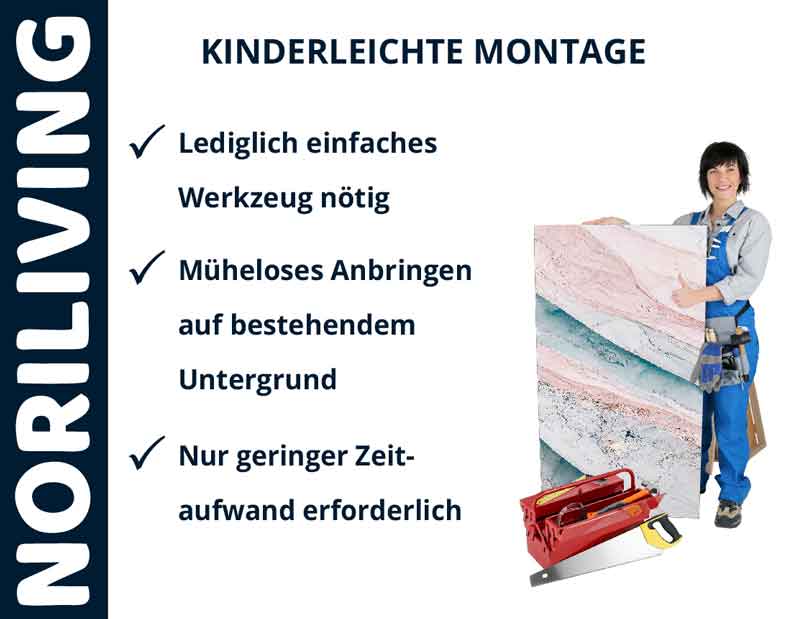 Plakat von NORILIVING mit einfacher Montageanleitung und Handwerkerin