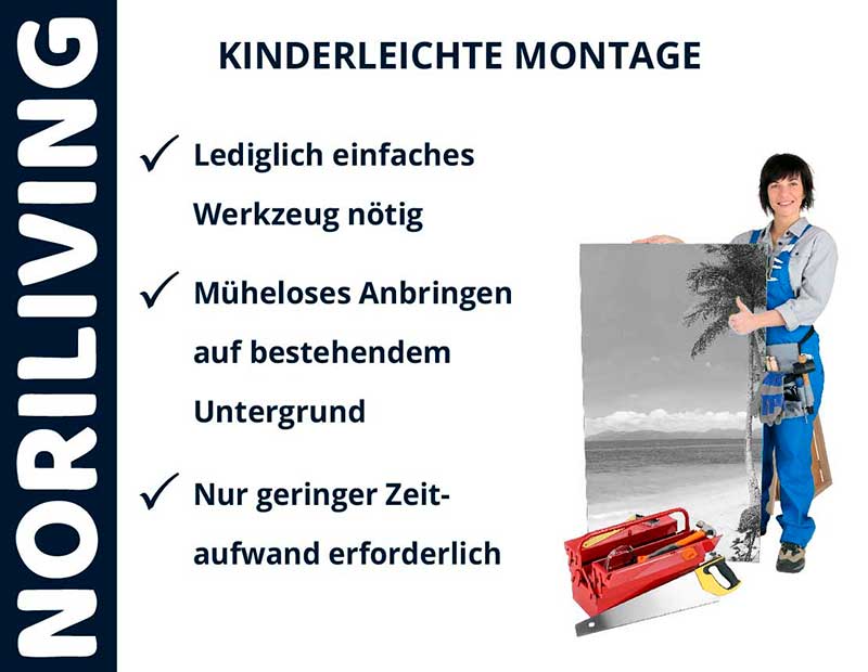 Eine Person mit Werkzeug zeigt, wie einfach die NORILIVING-Produkte montiert werden können, nur einfaches Werkzeug erforderlich, geringerer Zeitaufwand, müheloses Anbringen auf bestehendem Untergrund.