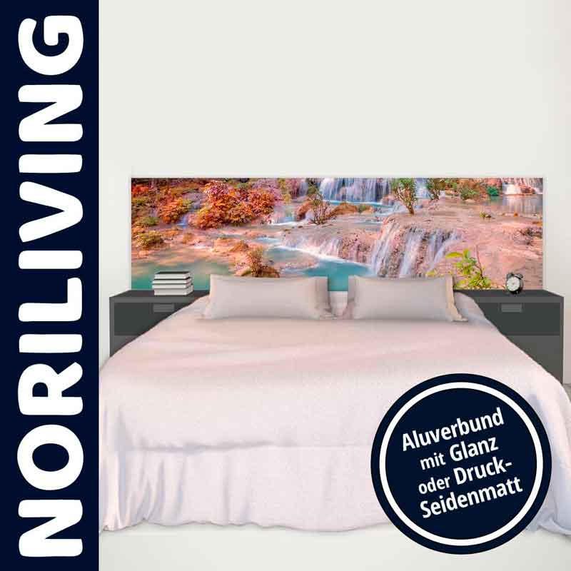 Elegantes Bett von Noriliving mit Kopfteil im Landschaftsdesign, Alu-Verbund mit Glanz oder Druck-Seidenmatt