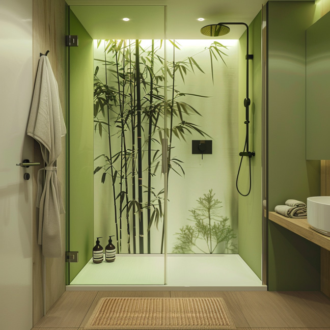 Elegantes Badezimmer mit Glasduschkabine, Bambuswanddekor und grüner Farbgestaltung