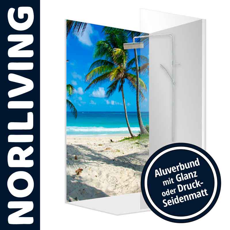Duschwand mit tropischem Strandmotiv und Aluverbundausführung, ideal für ein stilvolles Badezimmer