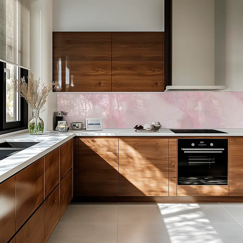 L-förmige Küche mit Holzschränken und weißer Arbeitsplatte