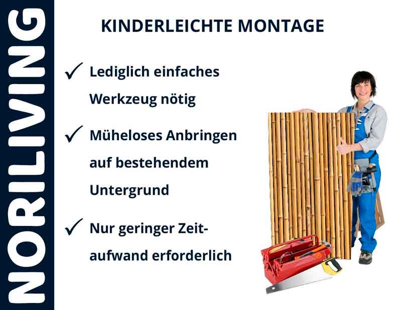 Mann zeigt kinderleichte Montage eines Noriliving Bambuszauns, benötigt lediglich einfaches Werkzeug, müheloses Anbringen auf bestehendem Untergrund, geringer Zeitaufwand.