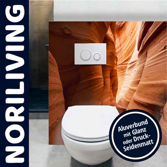 Moderne Toilette vor einer Aluverbundplatte mit Canyon-Motiv. Verfügbar in Glanz oder Druck-Seidenmatt.