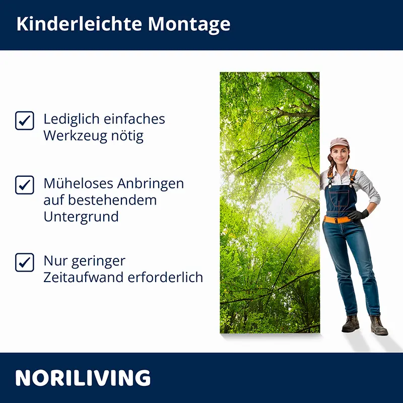 Wandpanel Wald, Handwerkerin zeigt Montage