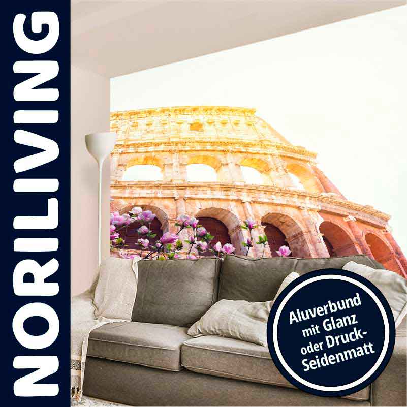 Bequemes Sofa vor Wandtattoo des Kolosseums, Aluverbund mit Glanz oder Druck-Seidenmatt