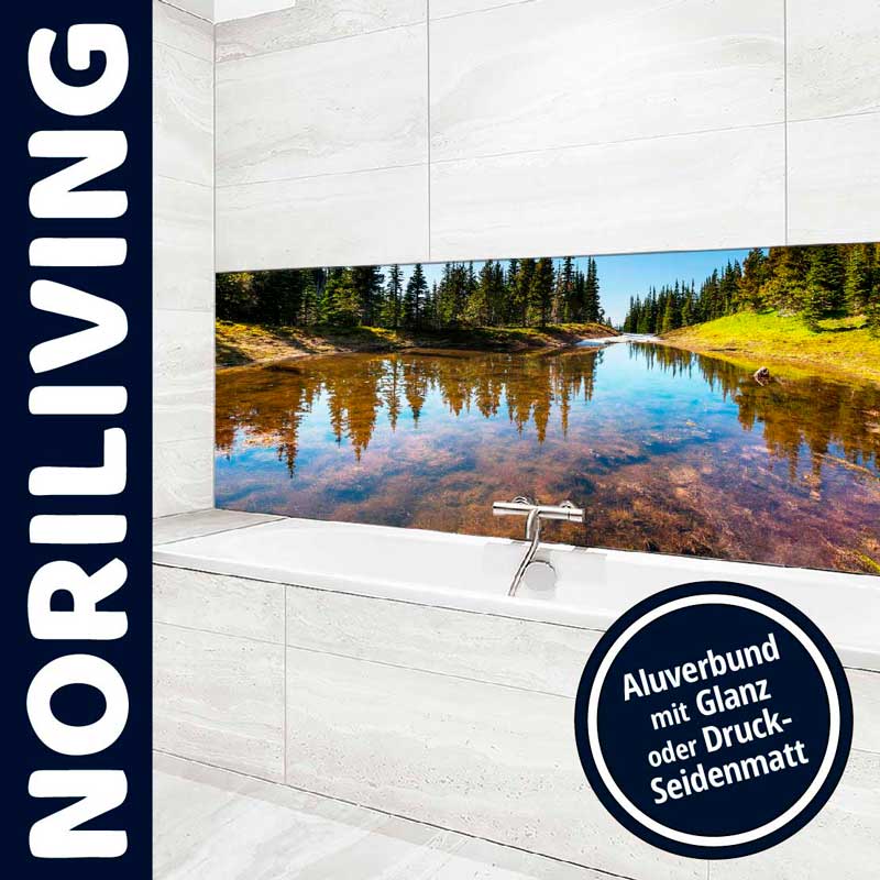 Moderne Badezimmerwand mit Landschaftspanorama und Aluverbund-Druck in Glanz oder Seidenmatt von NORILIVING