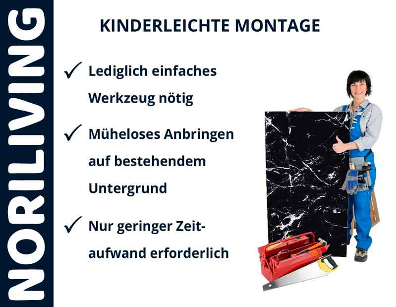 Frau in Arbeitskleidung zeigt kinderleichte Montage von NORILIVING-Produkten mit wenig Werkzeug