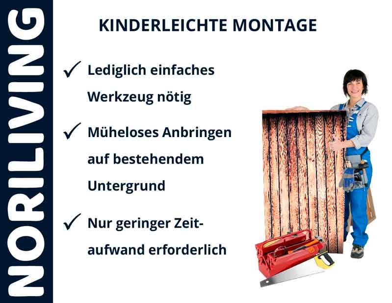 Werbung für NORILIVING-Produkte mit einfacher Montage, Person in Arbeitskleidung mit Werkzeug
