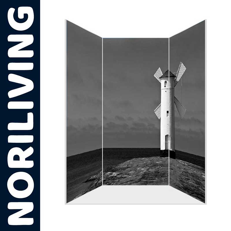 Dreiteiliger Raumteiler mit Bild einer Windmühle auf grauem Hintergrund, Produkt von NORILIVING