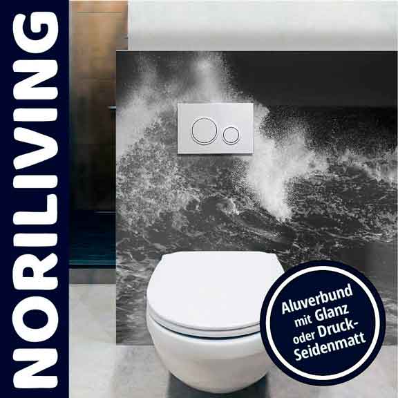 Toilettenbereich mit stilvollem Wellendesign und moderner Betätigungsplatte, Noriliving Modernes Badezimmerdesign mit schwarz-weißer Wellenoptik und Betätigungsplatte von Noriliving, Alubond in Glanz oder Druck-Seidenmatt erhältlich