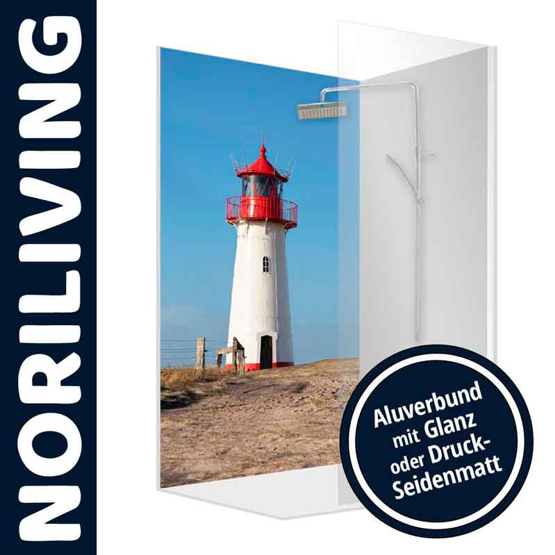 Dekorative Duschrückwand mit Leuchtturm auf Aluverbundplatte