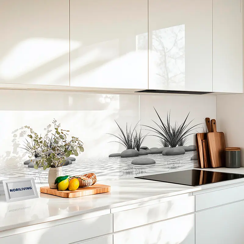 Küchenrückwand Alu Zen Gras Steine 940 schwarz-weiß