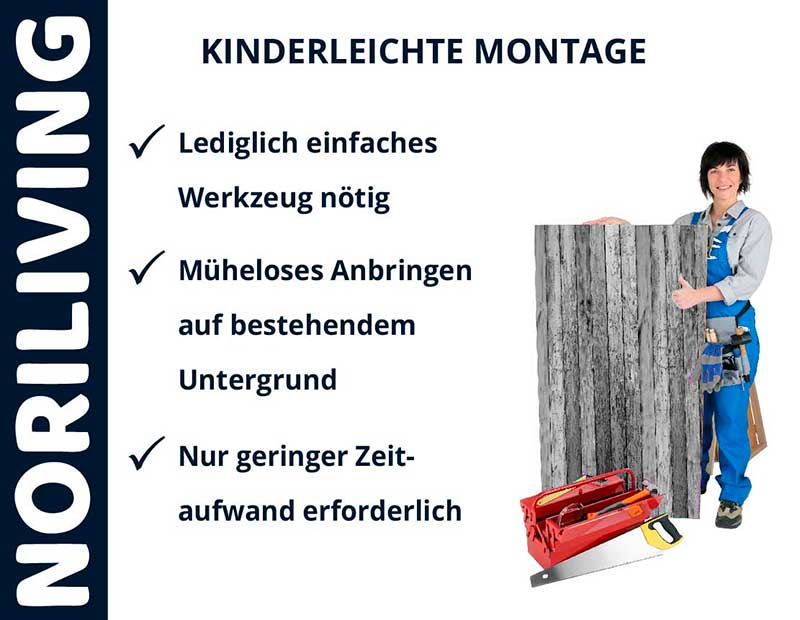 Person zeigt einfache Montage von Noriliving Wandpaneelen mit minimalem Werkzeugeinsatz