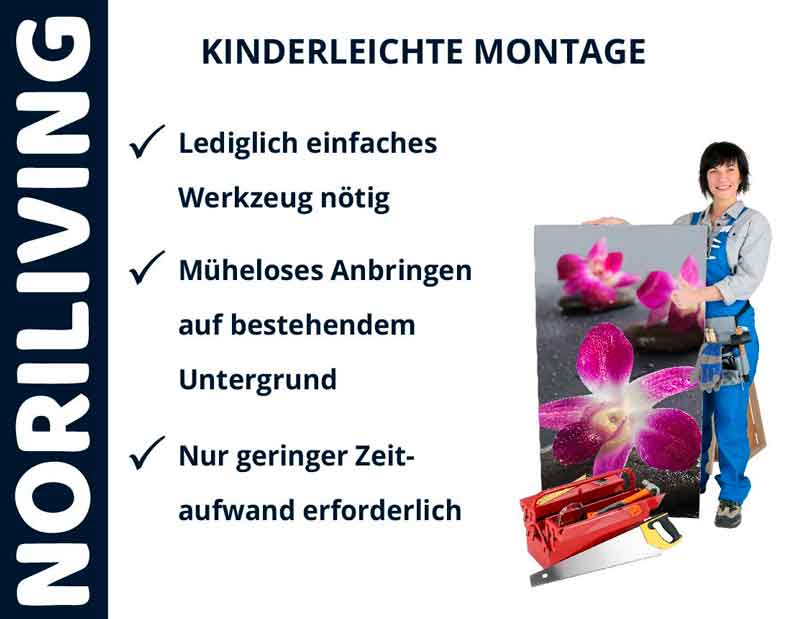 Frau mit Werkzeug und Wandbild von Orchidee, einfache Montage betont