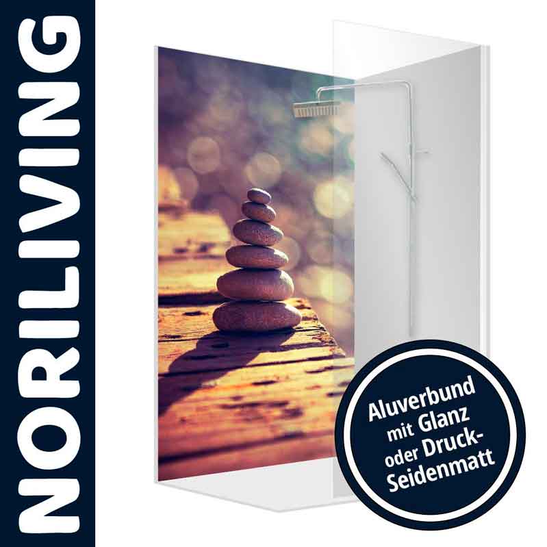 Duschabtrennung von NORILIVING mit Zen-Motiv und Aluverbund, erhältlich in Glanz oder Seidenmatt