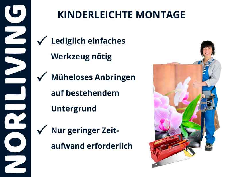 Frau mit Werkzeug hält Wandbild, umgeben von Text über kinderleichte Montage von NORILIVING-Produkten