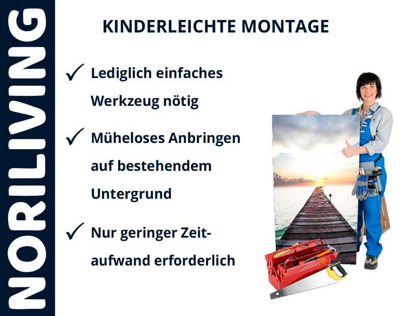 NORILIVING - Kinderleichte Montage von Wandbildern mit minimalem Aufwand NORILIVING bietet kinderleichte Montage von Wandbildern. Einfaches Werkzeug genügt, mühelose Befestigung auf bestehendem Untergrund, geringer Zeitaufwand erforderlich. Person mit Werkzeuggürtel zeigt Bild.