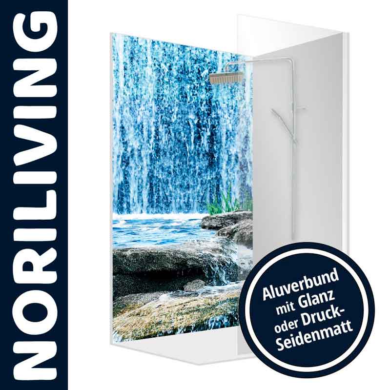 Duschwand von Noriliving mit eindrucksvollem Wasserfall-Design auf Aluverbundmaterial in glänzender oder seidiger Optik