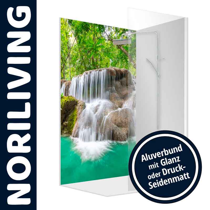 Aluminium Duschpaneel mit Wasserfallmotiv und glänzendem Finish Modernes Duschpaneel mit Wasserfall-Motiv und Aluminiumeffekt