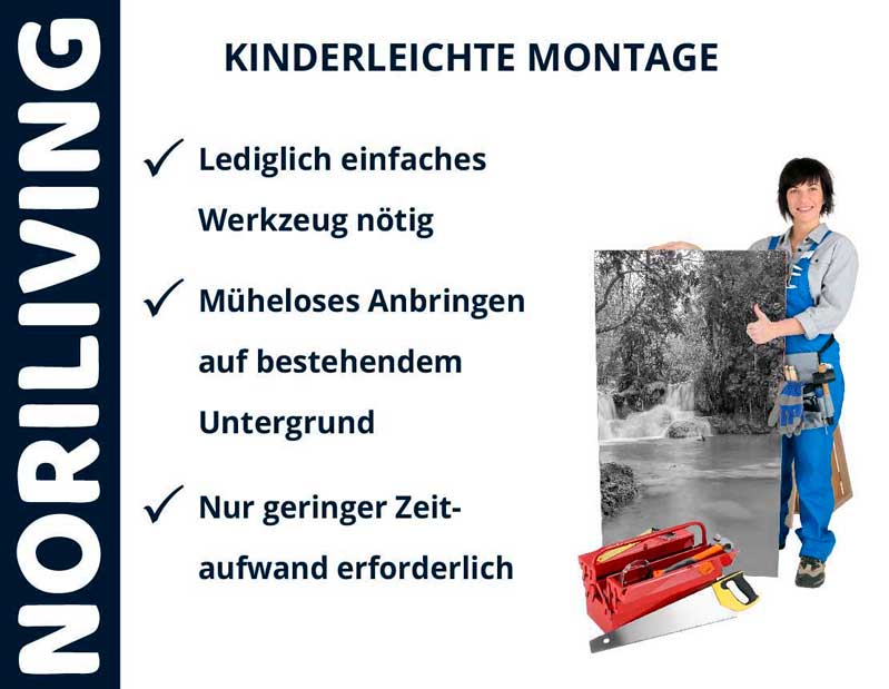 Person mit Werkzeug präsentiert leichte Montageanleitung von Noriliving, minimaler Aufwand erforderlich.