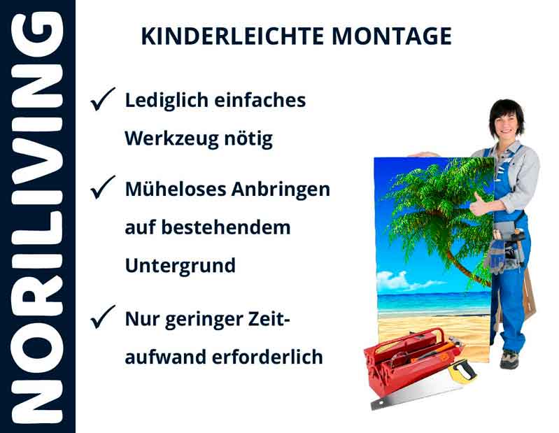 Person präsentiert Bild mit kinderleichter Montage, nur einfaches Werkzeug erforderlich, mühelos auf bestehendem Untergrund, geringer Zeitaufwand.