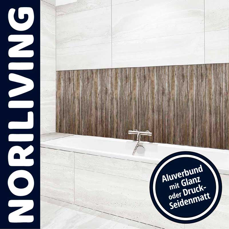 Luxuriöse Badezimmerwand mit Aluverbund und Holzoptik Badezimmer mit edler Holzoptik-Verkleidung und moderner Badewanne in Aluverbund, präsentiert von NORILIVING.