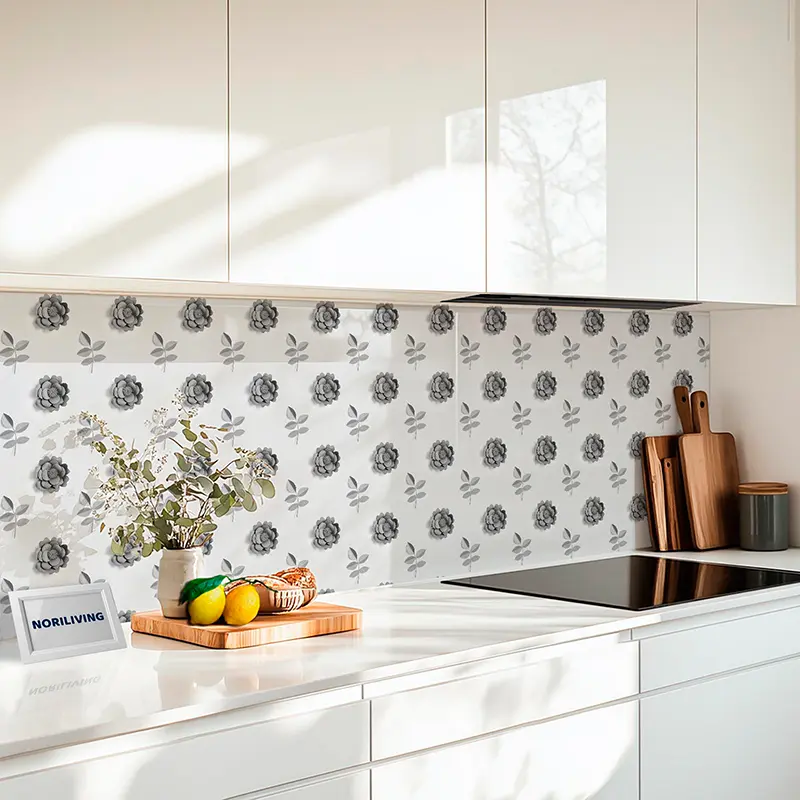 Fliesenspiegel Alu Grünpflanzen und rosa Papierblumen 573 schwarz-weiß