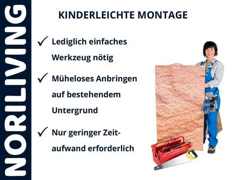 Noriliving - Kinderleichte Montage von Wandverkleidungen Mitarbeiterin zeigt einfache Montageanleitung für Wandverkleidungen mit minimalem Werkzeugaufwand