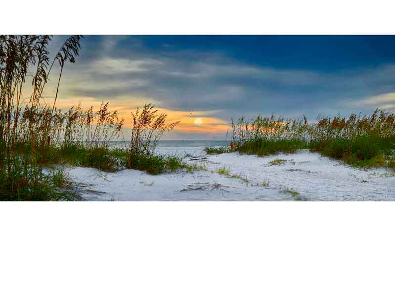Idyllische Strandlandschaft bei Sonnenuntergang mit Grasbüscheln und bewölktem Himmel