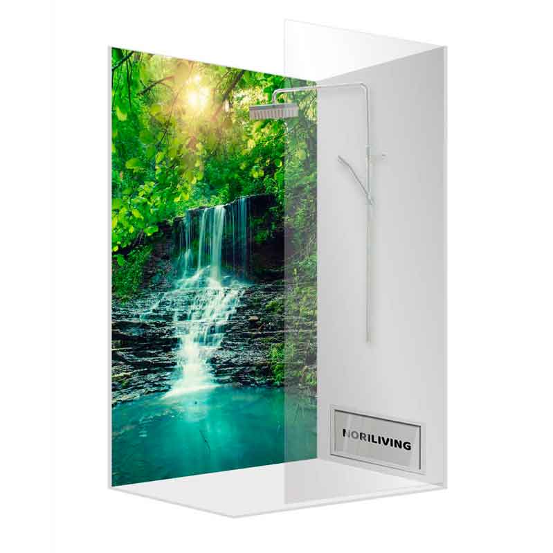 Glaswand Dusche mit Wasserfallmotiv und Sonnenlicht im Dschungel