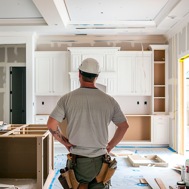 Bauarbeiter überprüft den Fortschritt einer neuen Küchengestaltung Ein Bauarbeiter mit Schutzhelm steht in einer im Bau befindlichen Küche und inspiziert die weißen Küchenschränke.