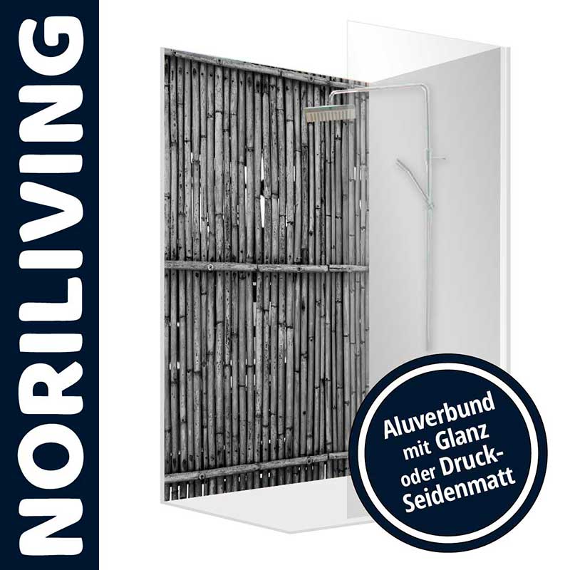 Bambusdesign Duschwand von NORILIVING aus Aluverbund in Glanz oder Druck-Seidenmatt